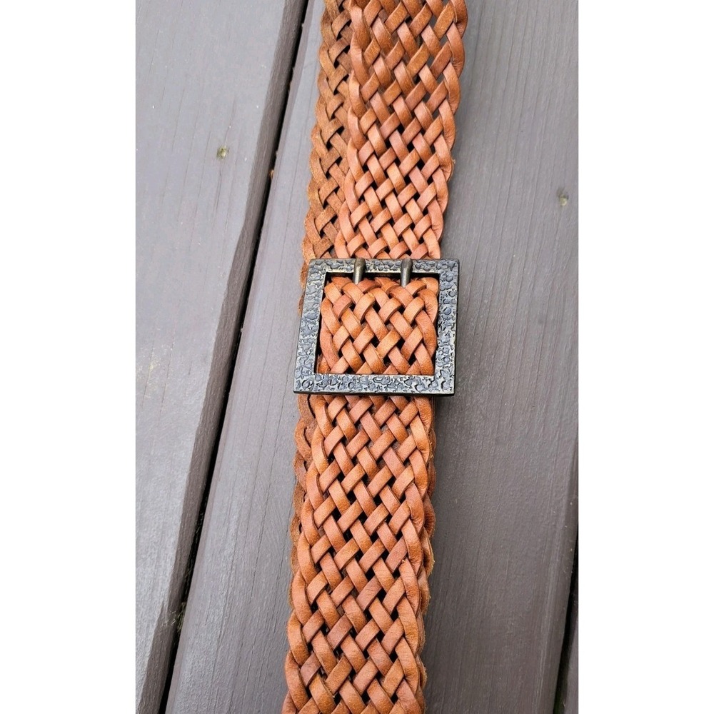 Women's Genuine Leather Brown Woven Braided Square Bronze Buckle Belt Size S 38"